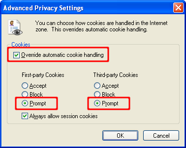 Screen shot of Internet Explorer Advanced Privacy Settings dialog with Override automatic cookie handling option checked, First-party Cookies prompt option selected, and Third-party Cookies prompt option selected