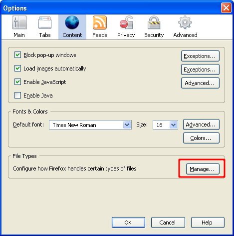 Screen shot of Mozilla Firefox Options dialog with the Manage button highlighted