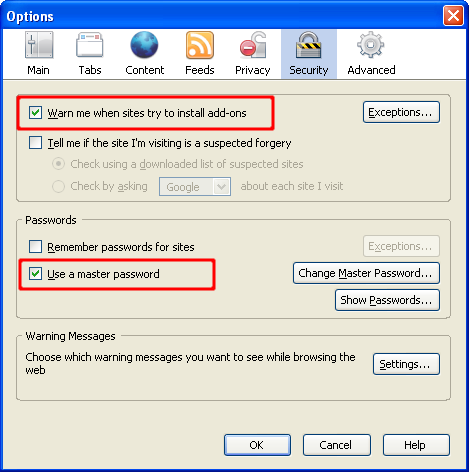 Screen shot of Mozilla Firefox Options dialog with the Warn me when sites try to install add-ons option checked and the Use a master password option checked