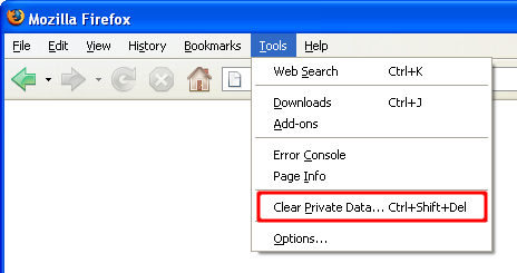Screen shot of Mozilla Firefox Tools menu with the Clear private data option highlighted