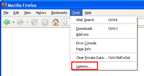 Screen shot of Mozilla Firefox Tools menu with Options highlighted