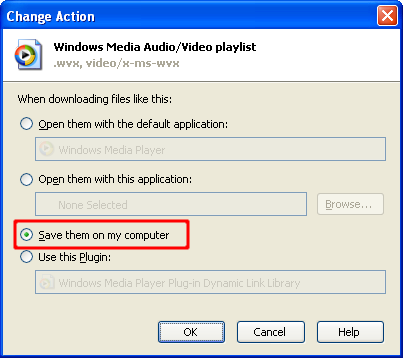 Screen shot of Mozilla Firefox Change Action dialog with the Save them on my computer option selected