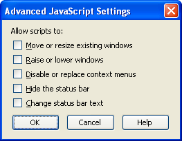 Screen shot of Mozilla Firefox Advanced JavaScript Settings dialog with all options unchecked