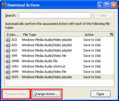 Screen shot of Mozilla Firefox Download Actions dialog with the disabled Remove Action button and enabled Change Action button highlighted