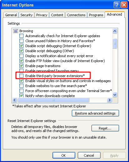 Screen shot of Internet Explorer Internet Options dialog with Enable third-party browser extensions unchecked