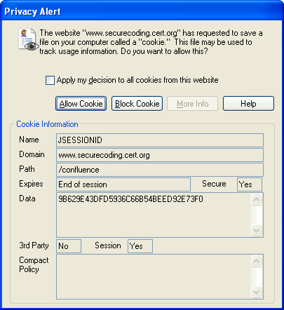 Screen shot of Internet Explorer Privacy Alert dialog