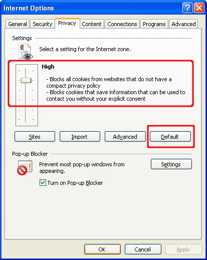 Screen shot of Internet Explorer Internet Options dialog with high Internet zone privacy selected=