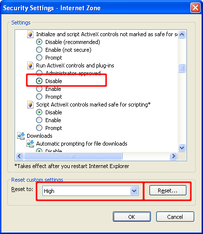Screen shot of Internet Explorer Security Settings dialog with Run ActiveX controls and plug-ins disabled and Reset custom settings set to High