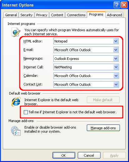 Screen shot of Internet Explorer Internet Options dialog with Internet programs area and Default web browser area highlighted