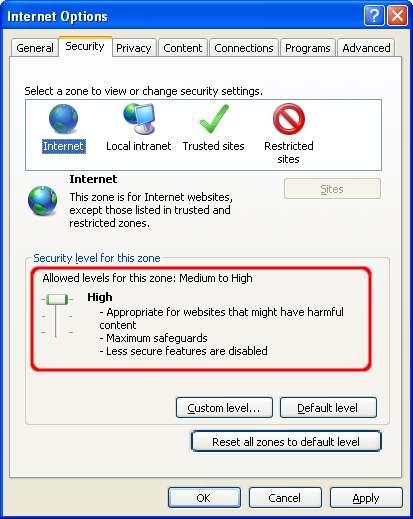 Screen shot of Internet Explorer Internet Options dialog with security level set to High