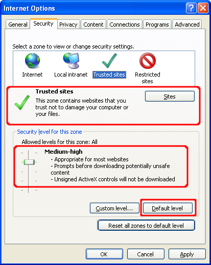 Screen shot of Internet Explorer Internet Options dialog with Trusted sites highlighted, Security level set to medium-high, and the Default level button highlighted