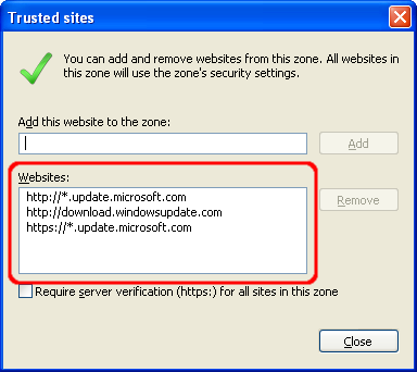 Screen shot of Internet Explorer Trusted sites dialog with Websites list highlighted