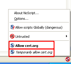 Screen shot of Mozilla Firefox NoScript menu with the options for allowing websites and temporarily allowing websites highlighted