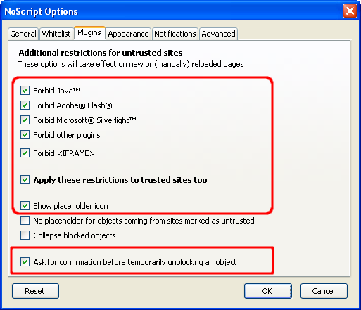 Screen shot of Mozilla Firefox NoScript dialog with the options for Forbid Java, Forbid Adobe Flash, Forbid Microsoft Silverlight, Forbid other plugins, Forbid IFRAME, Apply these restrictions to trusted sites too, Show placeholder icon, and Ask for confirmation before temporarily unlocking an object all selected.