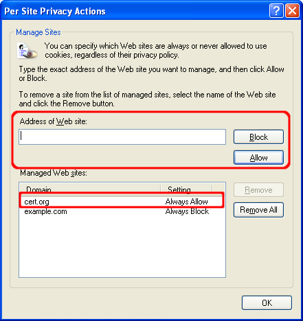 Screen shot of Internet Explorer Per Site Privacy Actions dialog with Address of Web site area highlighted and Managed Web sites selection highlighted