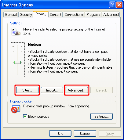 Screen shot of Internet Explorer Internet Options dialog with Sites button and Advanced button highlighted