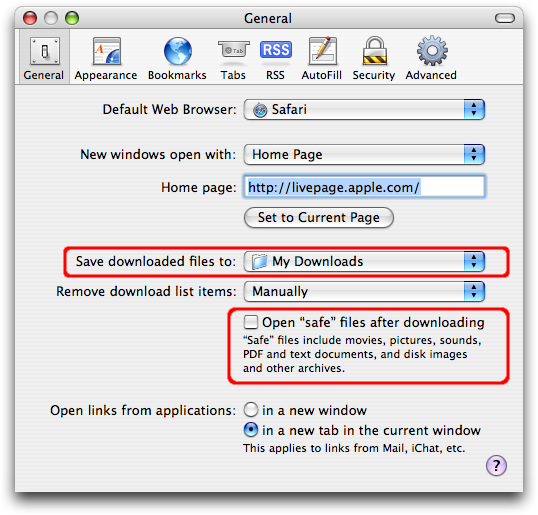 Screen shot of Apple Safari General dialog with the Save downloaded files to selection area highlighted and the Open safe files after downloading option unchecked