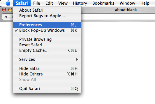 Screen shot of Apple Safari's Safari menu with Preferences option highlighted