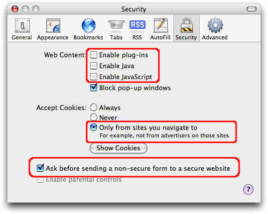 Screen shot of Apple Safari Security dialog with the options for Enable plug-ins, Enable Java, and Enable JavaScript all unchecked; the Accept Cookies option set to Only from sites you navigate to; and the option for Ask before sending a non-secure form to a secure website checked