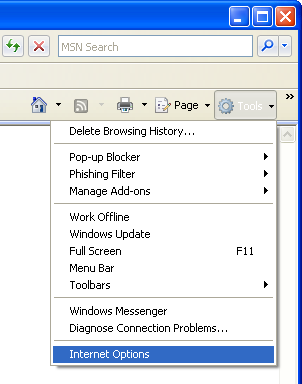 Screen shot of Internet Explorer Tools menu